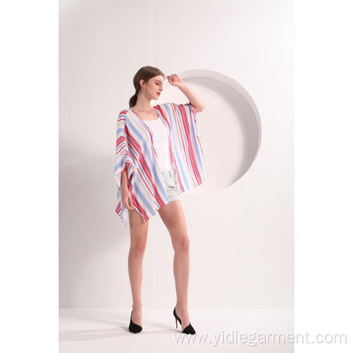 Women Blouse Shirt Open Front  Stripe Short Sleeve Kimono Supplier